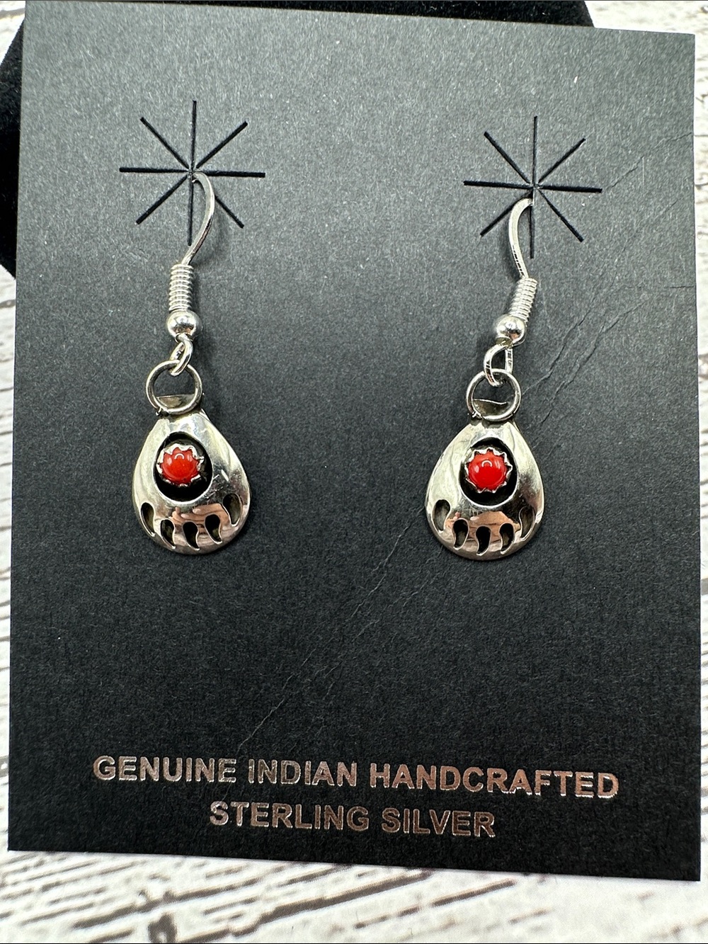 Sterling Silver Bear Claw Drop Earrings with Red Coral